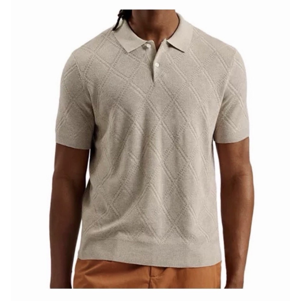 Ted Baker Linen Short Sleeve Diamond Polo Sweater Mens 3 M Tan Beige NWT $150